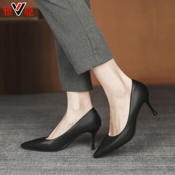 雅鹿皮鞋女职业职业高跟鞋女细跟软底面试空乘学生礼仪课正装通勤黑色