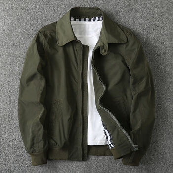 保罗男装秋季中年翻领夹克外套男修身大码纯色百搭外套军绿色4xl