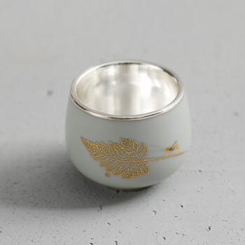 银茶杯纯银999小茶杯陶瓷包银手绘茶杯细工坊银壶纯银999茶杯主人杯单