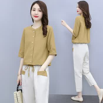 罗衿女装休闲裤女棉麻女装套装女2021夏季新款优雅洋气时尚气质修身小