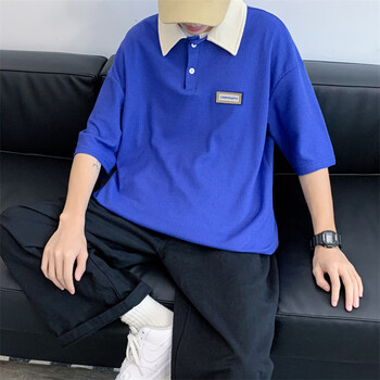 森马集团翻领华夫格短袖t恤男日系学院风潮流宽松帅气半袖上衣蓝色l