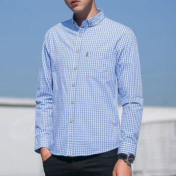 薄款早春百搭男士男生春款显瘦男式时尚上衣浅蓝色长袖小格子44xxxxl