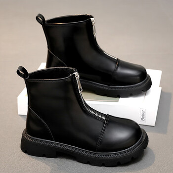 女童鞋皮靴2022秋新款儿童马丁靴中大童女孩季拉链潮靴二棉鞋黑色26码