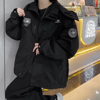 新百伦外套男魔术贴宽松上衣夹克nb情侣女防风工装服棒球服 黑色 m