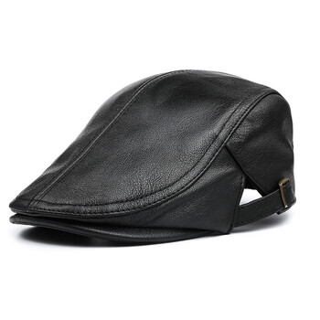 真皮老头帽子头层牛皮男士秋冬皮鸭舌工人帽短檐遮阳春季单色头层牛皮