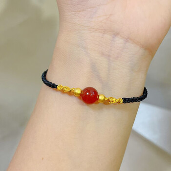 圣岚 黄金红豆手链女999足金转运珠红玛瑙相思豆手工编织手绳时尚生日