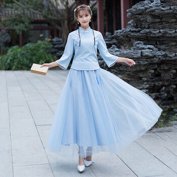 生古装风春秋薄款古筝演出服大人可以上班穿的 蓝色上衣 天蓝色下裙