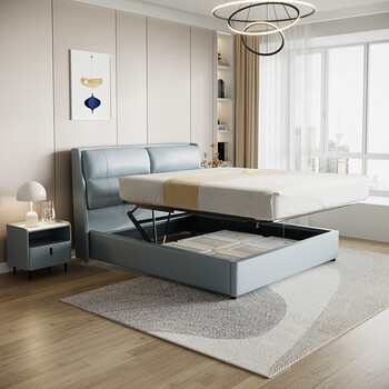 真皮双人床现代简约主卧婚床储物功能卧室家具皮床c078 灰蓝色高脚款