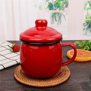 杯茶杯彩色搪瓷口杯奶牛杯搪瓷水杯随手杯红色8cm反边胀型杯380ml带盖