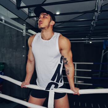 显肌肉拼接弹力紧身工字无袖运动背心男健身篮球训练速干衣男 381白红