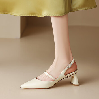 tata他她牛皮包头凉鞋女夏季新款粗跟中跟时装女高跟鞋粗跟女米白色35