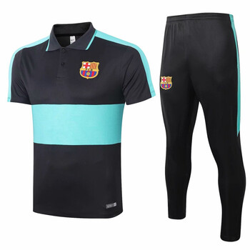 短袖t恤翻领巴塞罗那梅西足球服套装男出场训练服 巴萨黑半绿 长裤 s