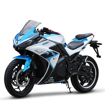 踏板摩托车72v电瓶车电动趴赛跑车街车可上牌蓝分白前后17寸5000w电机