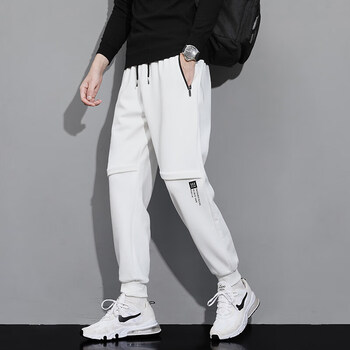 春季纯棉卫裤男士潮流宽松束脚运动裤长裤休闲裤百搭男生裤子 白色