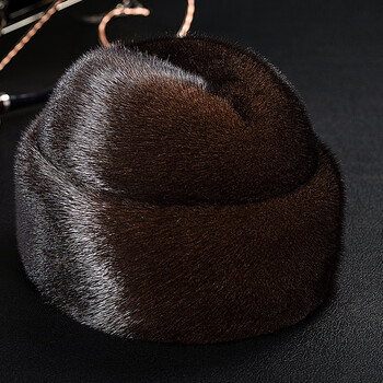 进口水貂皮帽子男冬季整皮貂帽整貂毛中老年护耳皮草帽子棕色法式帽m