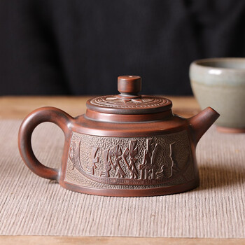 闲酌纯手工原矿广西钦州坭兴陶茶壶周盘壶浮雕赛龙舟小容量茶壶古铜色