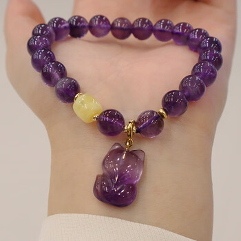 周大福紫水晶狐狸手串女生时尚饰品唯美水晶手链三八女神节礼物送女友