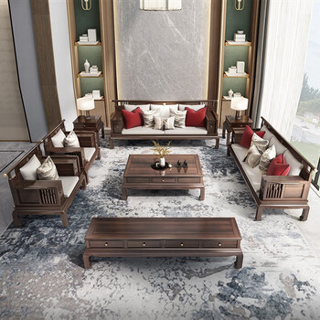 乌金木新中式全实木沙发客厅国潮中国风冬夏两用轻奢大户型别墅复式