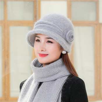 帽女冬季时尚双色针织盆帽防寒保暖妈妈奶奶渔夫帽 浅灰色 帽子 围巾