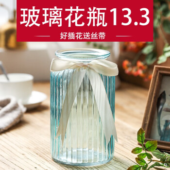 宏达彩色玻璃花瓶欧式台面透明干花饰品客厅花瓶百合富贵竹花艺水培 蓝色大号