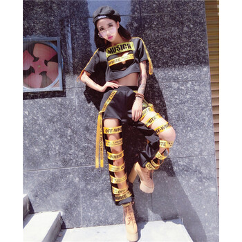 嘻哈街舞夜店酒吧dj女歌手领舞服织带镂空长裤分体 黑色 衣服 裤子 s