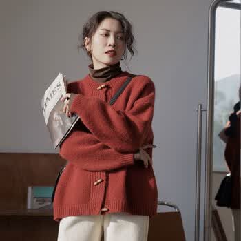 勤驰外搭开衫女冬牛角扣复古红色秋冬毛衣女针织开衫外套女藏青色m