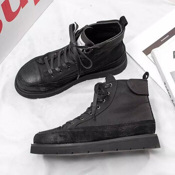 季透气皮面高帮休闲鞋子男秋天男士潮流百搭中帮板鞋英伦户外皮鞋
