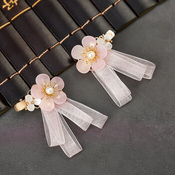 发夹女童发饰夏天丝带公主飘带流苏配饰宝宝汉服饰品粉色桃花绢纱对夹