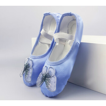 女孩猫爪跳舞鞋小孩幼儿中国舞舞蹈鞋女童芭蕾舞鞋蓝色刺绣蝴蝶鞋袋23