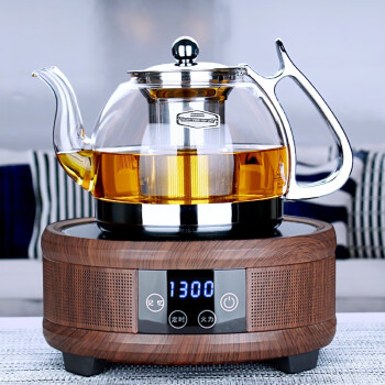 玻润 耐高温泡茶壶 耐热玻璃黑茶煮茶器 不锈钢过滤家用电陶炉套装 01款1000ML壶+红橡色炉