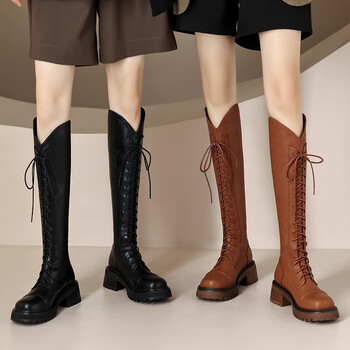 她他百伦品牌女鞋厚底粗跟绑带高筒马丁靴秋冬复古圆头v口瘦瘦长靴不