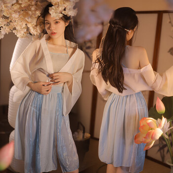 创京懿选可爱古风旗袍汉服床上免脱兜肚睡衣服女 7060米白 蓝色【肚兜