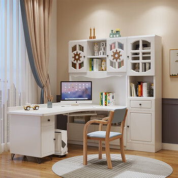 尚静 尚静 实木书桌书柜组合转角电脑桌家用台式带书柜 o款全白色