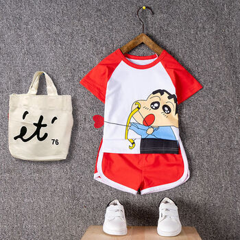 小童女夏季短袖两件套1-3-5-6岁婴儿夏装衣服潮 蜡笔小新红色 110