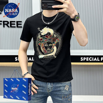 t恤男夏季美式潮牌宽松男款夏天圆领半袖t上衣服黑色m精神小伙90110斤