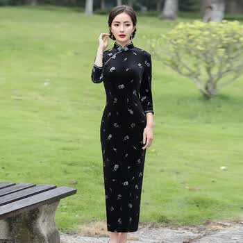 酌芙老上海正宗传统旗袍金丝绒长款长袖春秋季新款中老年妈妈气质温柔