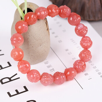 海鲜壹号盐源玛瑙手串粉佛头手链 女款时尚雕刻粉色 生日礼物闺蜜