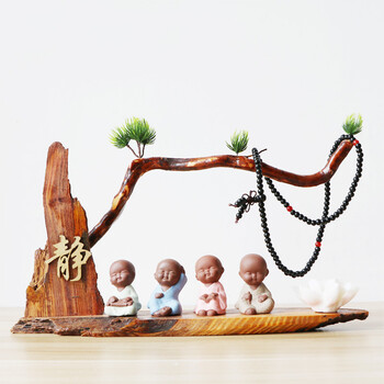 中式创意小和尚紫砂禅意居装饰树桩木头茶具摆设 茶宠摆件 精品 静字