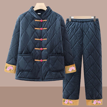 傲荷冬季加绒加厚唐装保暖棉衣家居服套装中老年女奶奶棉袄棉裤两件套