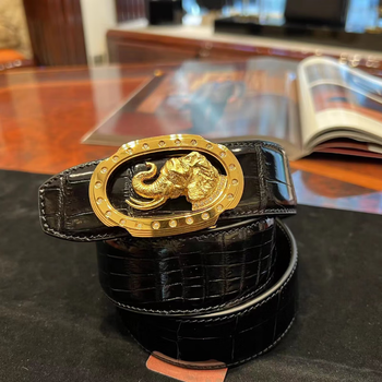 stefano ricci腰带皮带男士椭圆框动物图形镶钻商务休闲 黑色金色头