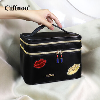 琪斐诺（Ciffnoo）家用化妆包女便携ins风可爱超火大容量旅行手提双层收纳箱带镜子 黑色