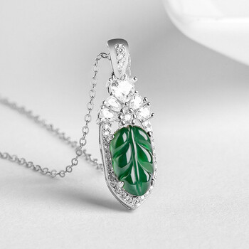 卡多林然a货翡翠阳绿树叶叶子s925银冰种玉石项链玉坠女吊坠时尚挂件