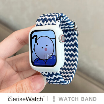 iSeriseWatch适用iwatch9表带Apple watch8代多巴胺尼龙编织表带苹果手表表带 蓝间白+白壳 41MM(7-9代)配壳膜