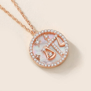 星座吊坠女925银圆牌项链白贝玫瑰金锁骨链夏七夕情人节礼物 天秤座