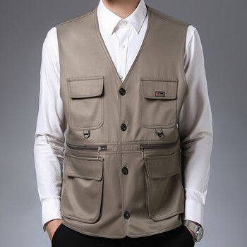 中老年马甲男春秋薄款运动背心多口袋钓鱼坎肩户外摄影休闲马夹按扣款