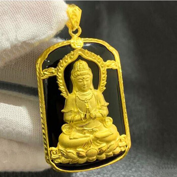香漫里金镶玉观音吊坠999足金和田玉挂坠黄金挂件证书 黄金和田墨玉
