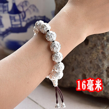 老凤祥999银佛珠手串足银六字真言男女款手链复古情侣圆 白色16毫米