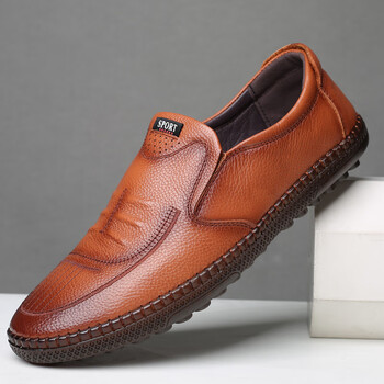 牛筋底真皮男鞋手工软牛皮中老年休闲软底皮鞋男春秋款豆豆男单鞋黄色