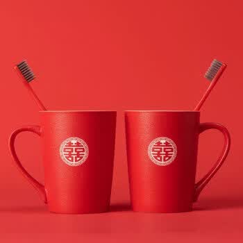 南暖结婚洗漱杯磨砂红色双喜漱口杯一对陶瓷情侣新婚刷牙杯子套装路宝