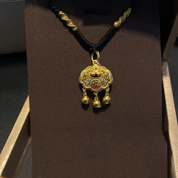 女 足金项链长命锁宝宝520情人节礼物送女友 足金长命金锁 金丝黑绳